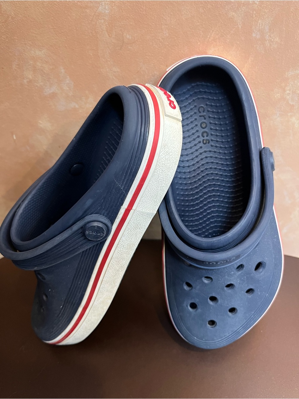 CROCS Kids Navy Blue Clogs with Red and White Stripe